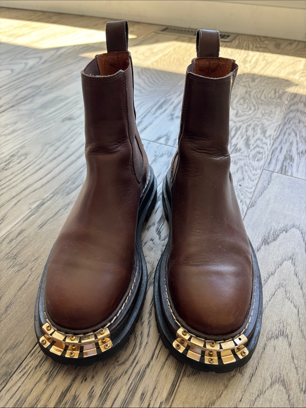 Sandro Brown Leather Chelsea Boots with Gold Toe Hardware